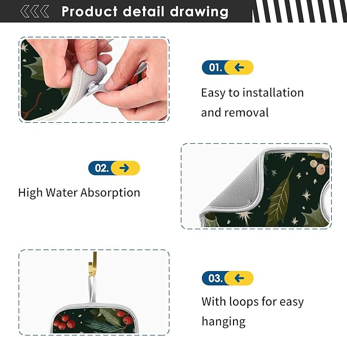 Sink Faucet Absorbing Mat Kitchen Sink Splash Guard Splash Faucet Drip Catcher for Bar RV Bathroom 2PCS 23.6x5.5in Green Christmas Holly Berries Pine Needles Leaves