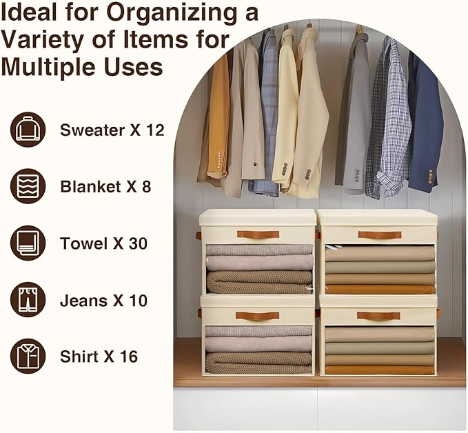 Large Storage Bins with Lids - 4 Pack Foldable Decorative Organizers with Clear Windows & Handles, Cube Storage Organizers for Clothes, Blankets, Sweaters, Sheets, Beige