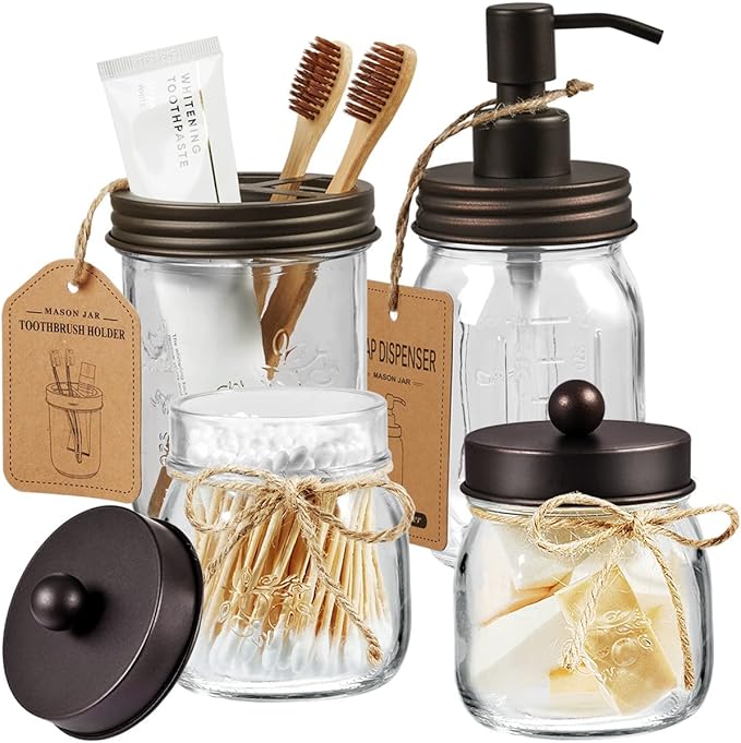 Amolliar Mason Jar Bathroom Accessories Set (4 Pcs) - Lotion Soap Dispenser & 2 Cotton Swab Holder & Toothbrush Holder-Rustic Farmhouse Decor, Countertop Vanity Organize, Bathroom Home Decor (Bronze)