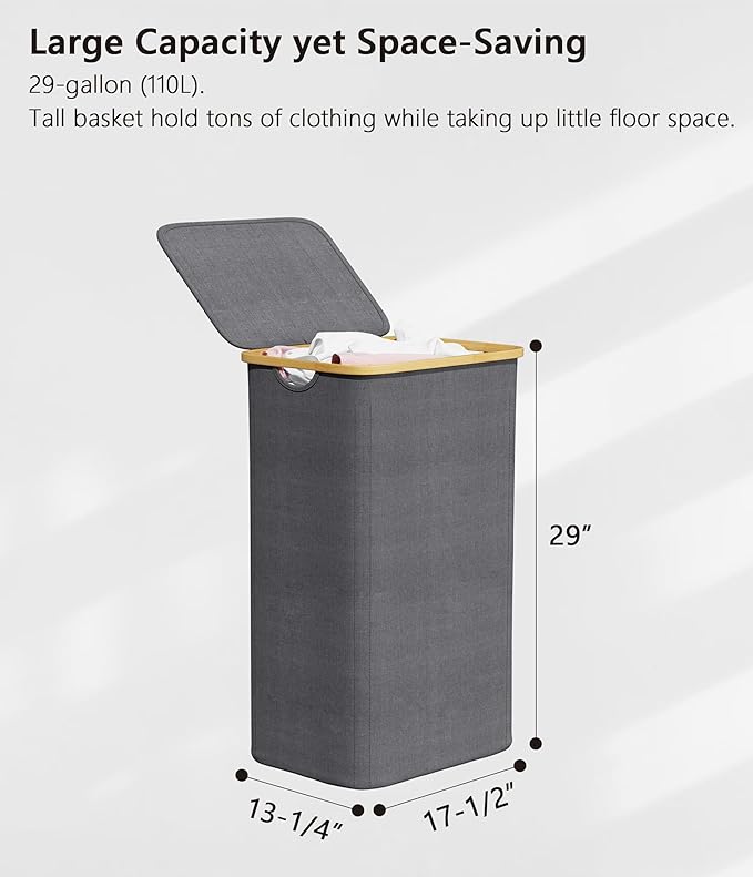 SUOCO Laundry Hamper with Lid, 29 Gal (110L) Clothes Basket with Bamboo Handles, Large Foldable Laundry Hamper for Bedroom, Bathroom, Dorm, Laundry Room - Grey