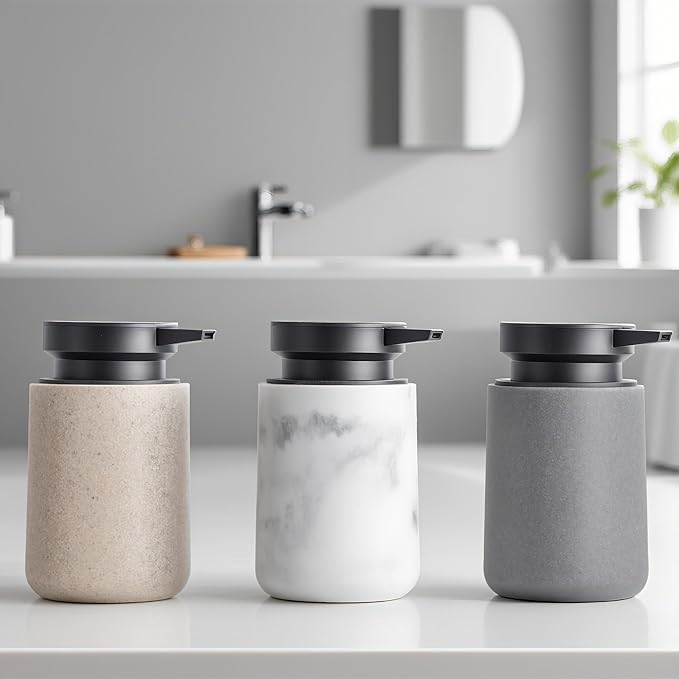 Liquid Soap Dispenser with Easy-to-Press Pump, 10 oz Refillable Hand Soap Dispenser with Extended Spout for Bathroom Kitchen Dish Lotion, Modern Stone Texture (Gray)
