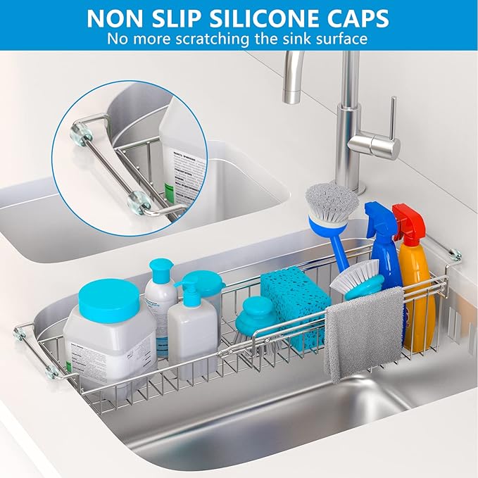Over The Kitchen Sink Caddy Sponge Holder Organizer Drying Rack Expandable for Sponge Brush Soap Dish Cloth Rag Smaller 14.5" to 22", Stainless Steel