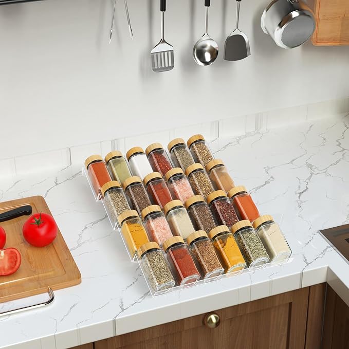 Spice Drawer Organizer 4 Tier, Acrylic Seasoning Organizer Rack, Clear Spice Rack Tray, Kitchen Seasoning Jars Drawers Insert (Jars Not Included/Expandable From 13" to 26")