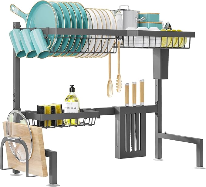 Over The Sink Dish Drying Rack - Adjustable 2 Tier Large Capacity Stainless Steel Drainer with Cutlery & Utensil Holders, Kitchen Storage & Organization, 30"-33.9" L x 11" W x 21.5" H, Gray
