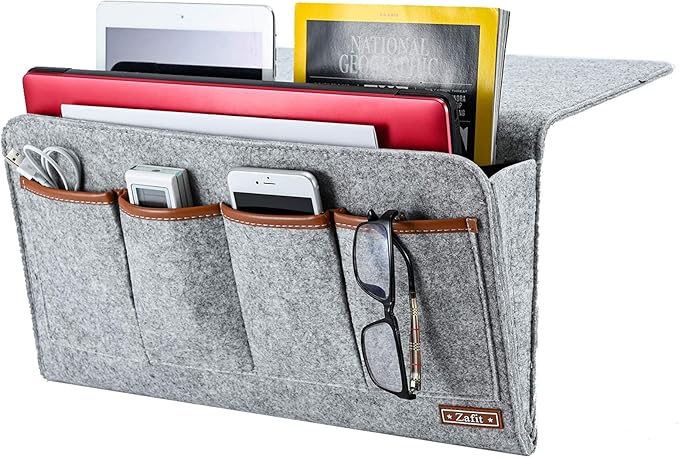 Zafit Bedside Caddy, Large Size Storage Organizer with 7 Pockets for Magazine, Remotes, Phone (17.3'' x 18.1'', Light Grey)