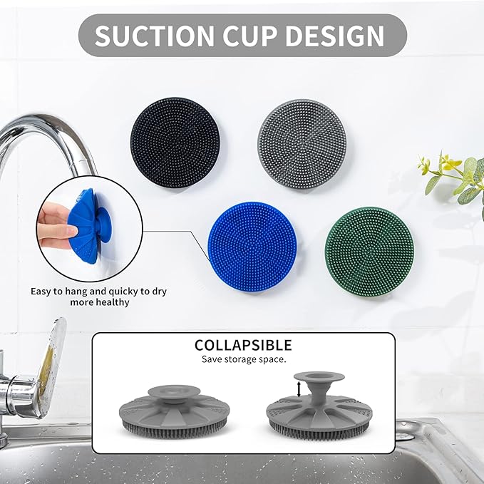 Silicone Sponge, BEAUTAIL Non-Scratch Scrub Sponges for Washing Dishes, Kitchen Fruit Vegetable Cleaning Brush, Long Lasting and Reusable Dishwashing Scrubber, Suction Up Hang Designed, 1 Pack, Gray