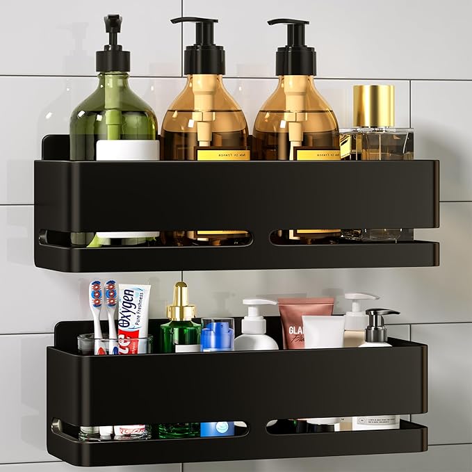 YESENT Shower Caddy, 2-Pack Shower Shelf, Heavy-Duty Bathroom Storage Shelf, Large Capacity No-Drill Bathroom Organizer, Black Metal Storage Basket, Adhesive Installation