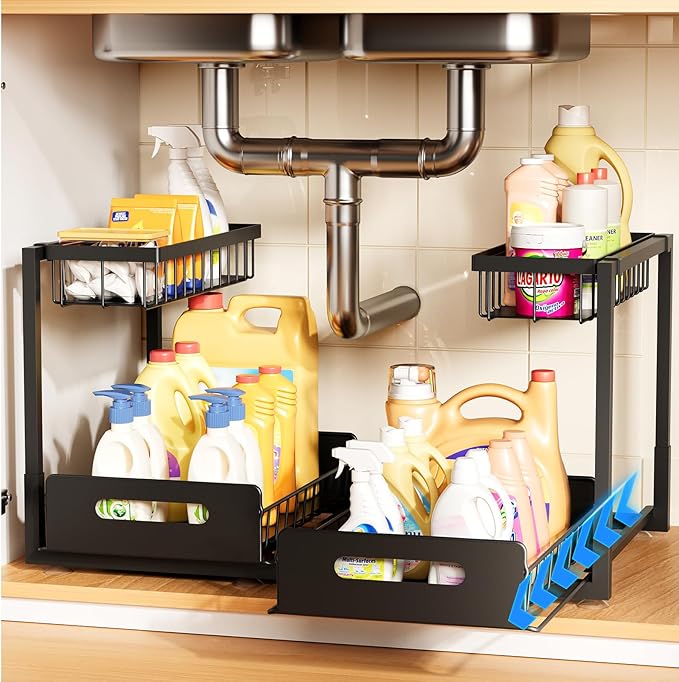 Under Sink Organizer,Metal Pull Out Cabinet Organizer Shelf,Kitchen Bathroom Organizers with Sliding Drawer,Storage Shelves,Storage and organization for Home,Laundry,RV,Pantry,Spice,Black,2 Pack