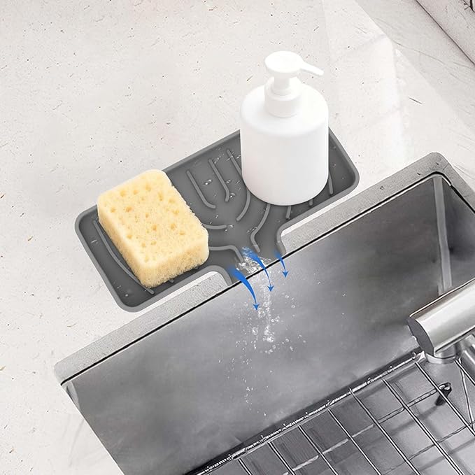 Silicone Sponge Holder for Kitchen Sink With Drain Spout, Self Draining, 10×4 inch Kitchen Soap Tray, Bathroom Organizer, Sink Caddy, Perfect for Dispenser, Scrubber, Bottle, Cup on Counter (Gray)