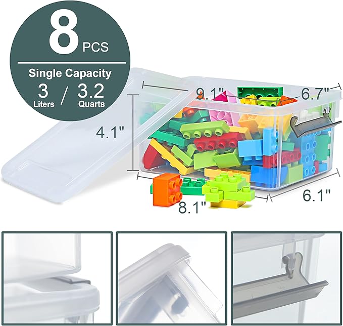 Citylife Small Storage Bins with Lids 3.2 QT- 8 Packs Plastic Storage Containers for Organizing Stackable Clear Storage Boxes,Clear White