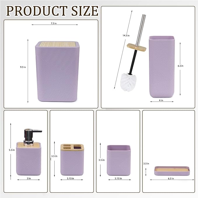 CERBIOR Bathroom Accessories Set 6 Piece Bamboo Bath Ensemble Includes Soap Dispenser, Toothbrush Holder, Toothbrush Cup, Soap Dish for Decorative Countertop and Housewarming Gift (Purple)