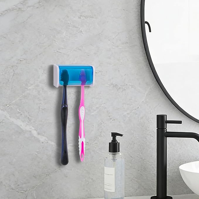 Toothbrush Holder Wall Mounted with Cover for Bathroom, 2 Slots Toothbrush Storage Organizer for Shower, Self Adhesive Toothbrush Hanger Rack for Dorm, Cabinet (Blue)