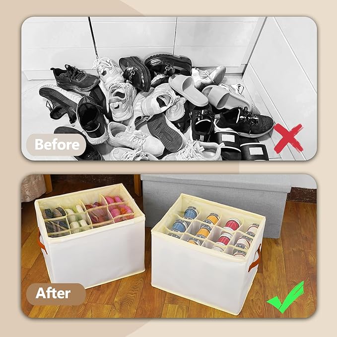 Shoe Storage Box Organizer for Closet - Space Saver Shoes Containers Bin with Clear Lids Stackable, Can Fit Ottoman, Foldable Shoe Rack Cabinet Cubby for Wardrobe (1 Pack)