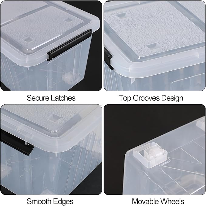 Ewingger 30 L Plastic Storage Bins with Wheels, Clear Latching Box with Lid, 4-Pack