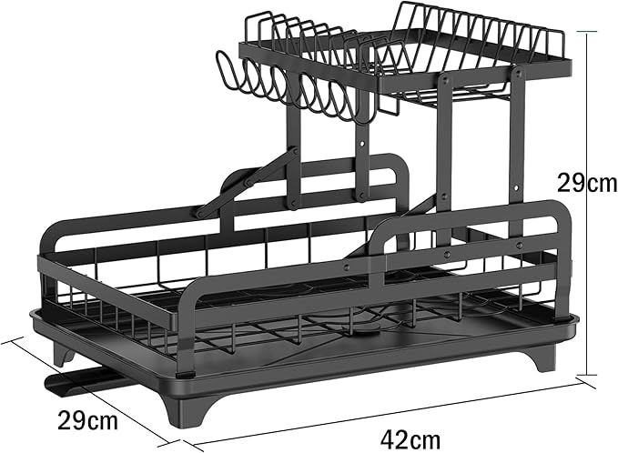 2 Tier Dish Drying Rack Automatic Drainage Board Space-Saving for Kitchen Counter with Cups Holder
