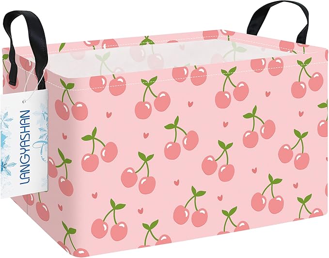 LANGYASHAN Rectangular Storage Bin Collapse Canvas Fabric Cartoon Storage Basket with Handles for Organizing Home Kitchen Boys and Girls Toys Office Closet Shelf Baskets (Rec Pink Cherry)