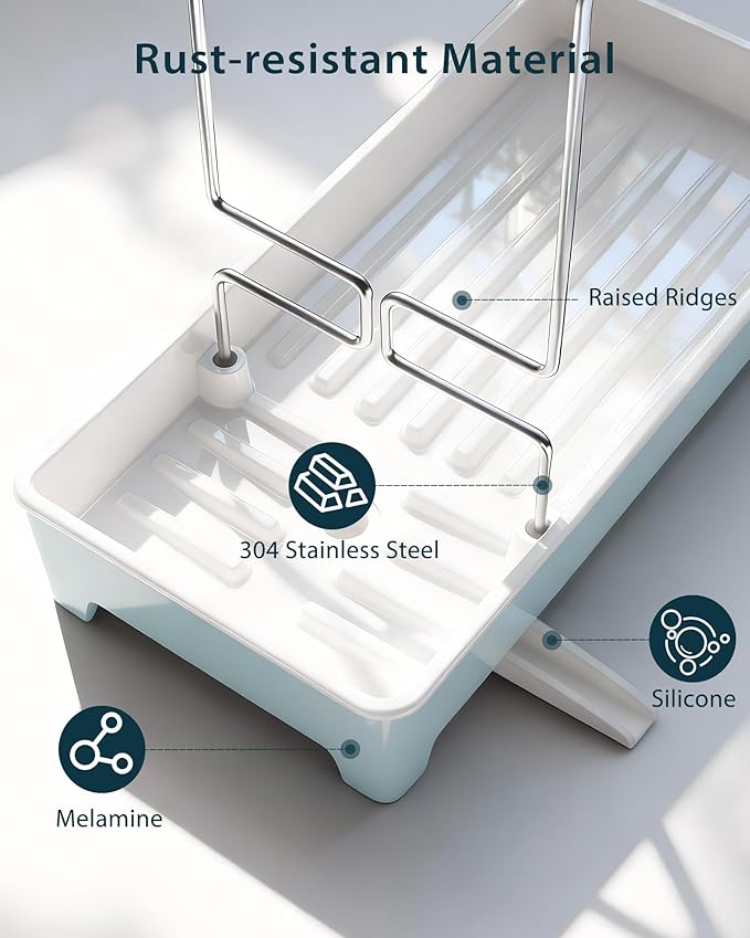 Minimalist Sink Caddy, Rustproof Sponge Holder for Kitchen Sink with 304 Stainless-Steel Brush Holder, Countertop Rack Organizer with Raised Ridges & Silicone Drain Tube (Pastel Blue)