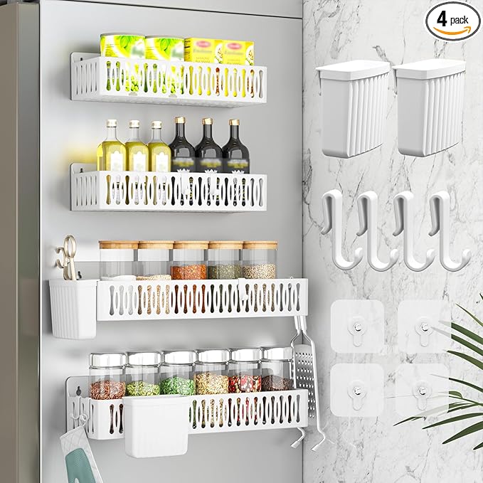 4 Pack Large Magnetic Spice Rack for Refrigerator, Spice Rack Organizer, Moveable Magnetic Shelf Fridge Organizer with 4 Hooks for Kitchen and Oven Organization, White