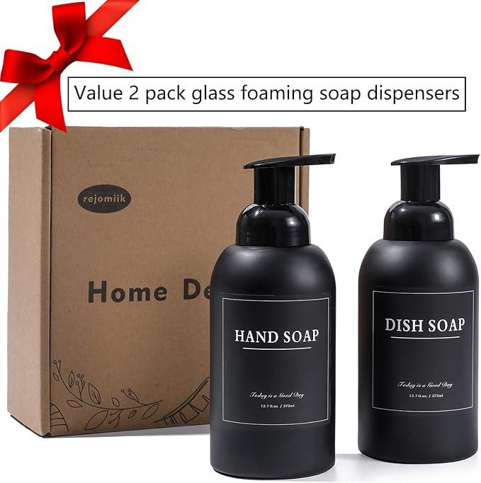 rejomiik 2 Pack Foaming Thick Glass Foam Hand Soap Dispenser for Bathroom or Kitchen Sink, 13 oz Pump Bottles for Hand soap, Body Wash, Matte Black