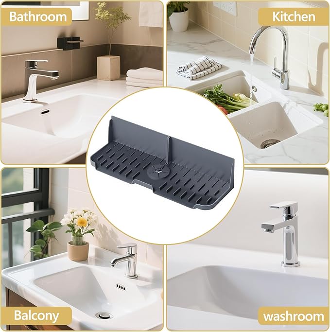 Sink Splash Guard Behind Faucet, Silicone Sink Faucet Drying Mat & Dish Soap Sponge Holder, 17" x 5.5" Silicone Kitchen Sink Auto Drain Organizer (Grey)