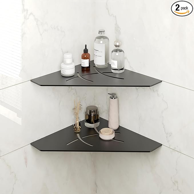 FerdY 2-Pack 10" Matte Black Recessed Corner Shower Shelf, for Tiled Bathroom Walls, Floating Shower Shelf, 304 Stainless Steel Shower Caddy Storage Shelves, No Drilling Required, Irregular Diamond