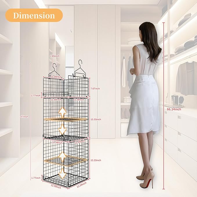 5 Tier Closet Hanging Organizer and Storage Separable Hanging Closet Shelves with 4 Hooks 2 Adjustable Dividers, Wire Storage Basket Bins for Clothing Sweaters Socks Dolls Handbags, Foldable