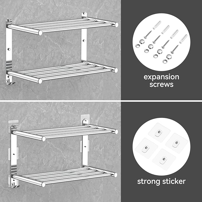 CAXIMSY Adjustable Towel Bar for Bathroom Wall Mount17-30.7inch Adhesive Shower Towel Rack Stainless Steel Bath Towel Holders for Toilet Kitchen Double Towel Hanger (Double Towel Rack)