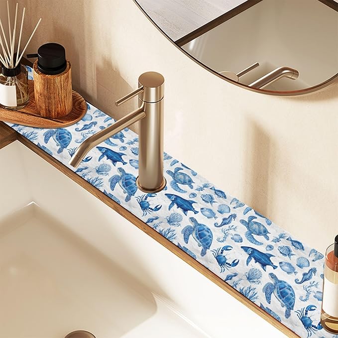 Blue Turtles Fish Crabs Seahorse Starfish Coral Kitchen Sink Splash Guard Sink Faucet Mat Faucet Handle Drip Catcher Drain Mats for Kitchen Bathroom Countertop Absorbent