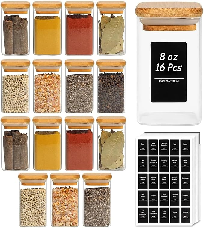 ComSaf Spice Jars with Labels 8 oz 16Pack, Small Spice Containers Starter Set, Glass Seasoning Jars with Lids, Square Seasoning Containers for Salt, Pepper, Chili Powder, Sugar, Loose Tea Storage