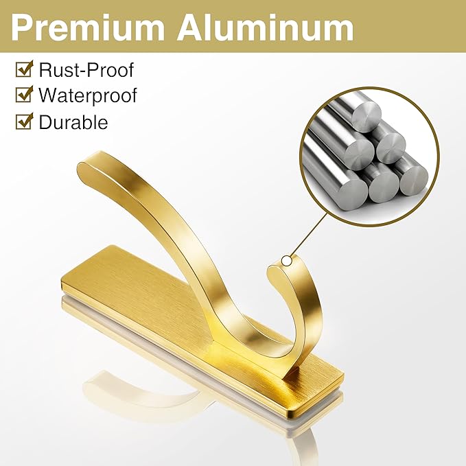 pickpiff Adhesive Wall Hooks for Towels - Sticky Hook Hanging Heavy Duty (13lb), Hanger for Door, Bathroom, Dorm, Closet - for Coats, Purse, Bag, Robe - No Damage to Wall - Gold 10 Pack