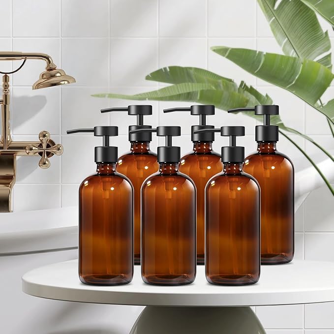 GMISUN Amber Glass Soap Dispenser, 6 Pack Bathroom Hand Soap Dispensers with Stainless Steel Pump, 17 Fl Oz Kitchen Hand and Dish Soap Dispenser Set, Modern Vintage Liquid Brown Soap Dispensers Bottle