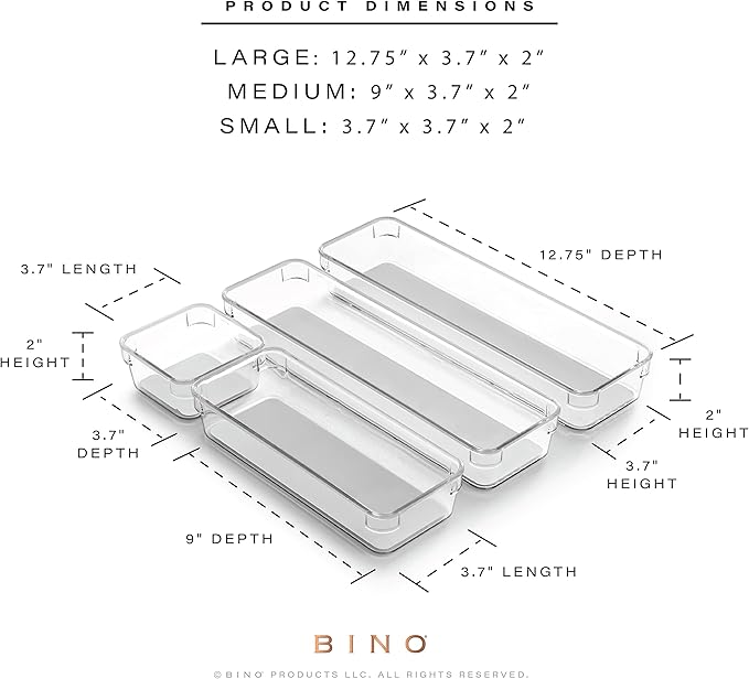BINO | 4-Piece Drawer Organizer Bin Set - Grey, Small | THE MODULAR+ | Multi-Purpose Storage | Soft-Grip Lining and Non-Slip Rubber Feet | Durable | BPA-Free | Desk Drawer Organizer | Vanity