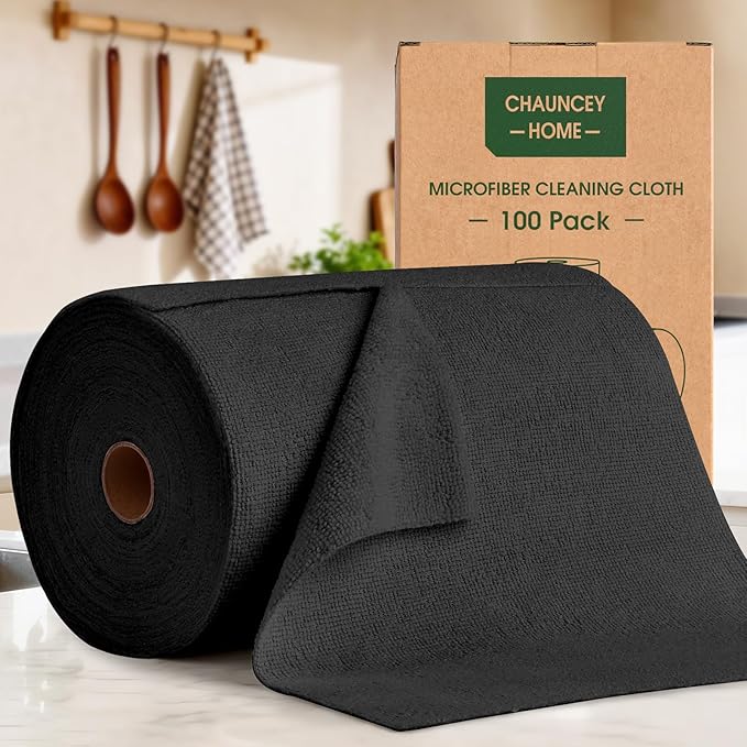CHAUNCEY HOME Microfiber Cleaning Cloth Roll - 100 Pack Tear Away Microfiber Paper Towels, Reusable, Washable, Scratch-Free, Kitchen Towels for Car, Home, Kitchen, Glass, Dishes (Black)