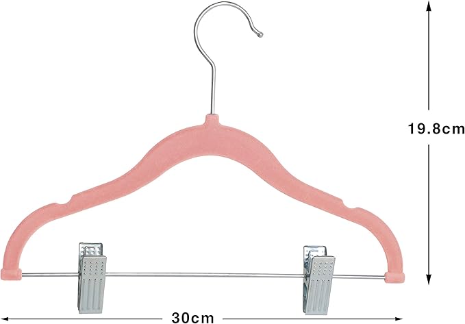 Finnhomy Non-Slip Clothes Hangers for Baby and Kids 20-Pack Velvet Hangers with Movable Clips, Heavy-Duty and Space-Saving for Pants,Skirts, Coat, Pink