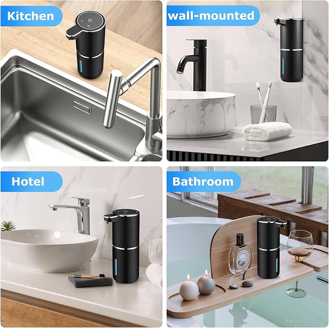 Automatic Soap Dispenser Touchless,Liquid Soap Dispenser with 4 Adjustable Levels,12.8oz USB Rechargeable and Wall Mounted,Smart Hand Soap Dispenser for Bathroom,Kitchen Sink,Dish Soap(Black)