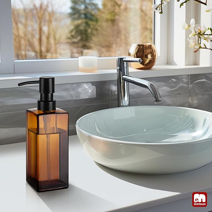 GMISUN Amber Glass Soap Dispenser, Hand Soap Dispenser with Stainless Steel Pump for Bathroom, 12 fl oz/350ml Refillable Dish Dispensers for Kitchen, Modern Liquid Lotion Bottles for Countertop