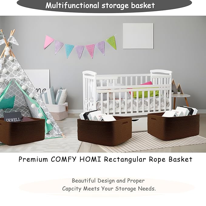 COMFY-HOMI 3 pcs Large Storage Baskets for Shelves, Laundry Basket, Woven Rope Basket, Closet Organizer Bins for Clothes Blanket Towels, Baby Nursery, Gift Toy Baskets, 17” x 13” x 7.5”-Dark Brown
