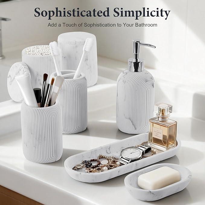Bathroom Accessories Set - 7-Piece Resin Bathroom Set, Toothbrush Holders Set, Soap Dispenser, Qtip Holder Dispenser, Tumbler, Soap Dish & Tray, Modern Bath Decor for Home Dorm Hotel (Marble White)