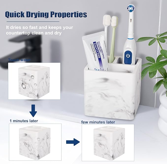 Diatomite Toothbrush Holders for Bathrooms, Electric Toothbrush and Toothpaste Holder 3 Slots Tooth Brush Organizer for Bathroom Countertop, Shower, Vanity - Marble White