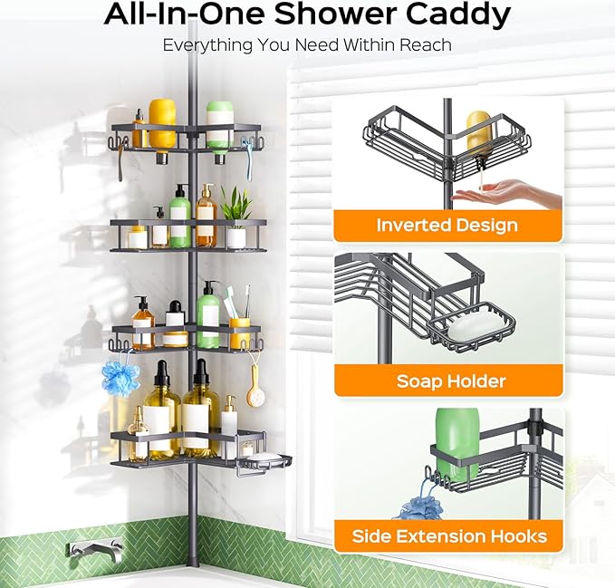 HAMITOR Corner Bathroom Shower Caddy: 4-Tier Rustproof Shampoo Organizer Shelf with Soap Holder - No-Drill Adjustable Standing Tension Pole Rack for Family Homeowners - Space-Saving - 47-123 Inch Gray