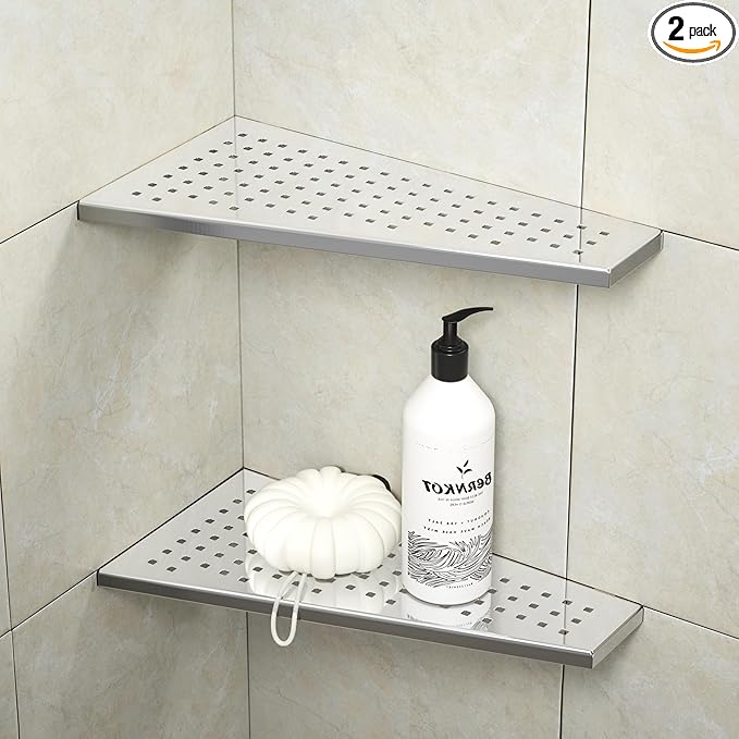 Bernkot Corner Shower Shelf 12" Polished 304 Stainless Steel Recessed Trapezoid Grout in Shelves with Grid Design Bathroom Shelf Racks for Tiled Wall, 2 Pack