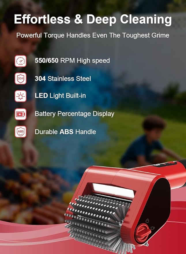Electric Rechargeable Grill Brush, 650RPM Spinning Stainless Steel Bristle BBQ Brush, Bristle-Free Grill Cleaner for Outdoor & 2 PCS Scouring Pads - Heavy Duty Cordless Electric Tool with LED Light