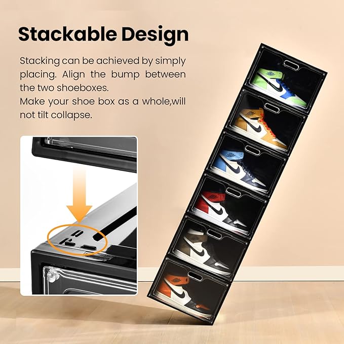 Amllas 8 Pack Shoe Boxes Black Plastic Stackable, Large Shoe Storage Organizer,Drop Side Front Shoe Containers for Entryway,Sneaker Storage Fit up to US Size 13 for Men/Women(13’’x 10.6”x 8.3”)