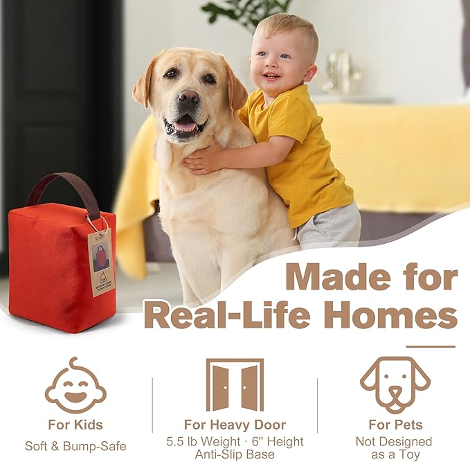 Decorative Weighted Door Stopper 5.5 lb – Heavy Non-Slip Door Weight with Handle, Soft Fabric Door Stop for Kids, Pets, Includes 2 Door Draft Stoppers for Indoor Home & Office, Warm Pumpkin