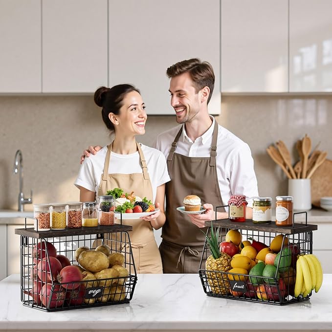 2 Pack Hanging Wall Fruit Basket for Kitchen Counter, Stackable Wire Basket for Fruit, Vegetable, Potato and Onion Storage, Wall-Mounted Fruit Holder with Wood Lid, Banana Hooks & Metal Handles