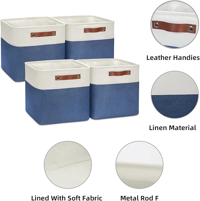 HNZIGE Fabric Storage Basket(4 Pack) Linen Baskets for Organizing,12x12 Storage Bins for Shelves,Towels,Blankets,Toys with Leather Handles(White&Blue)