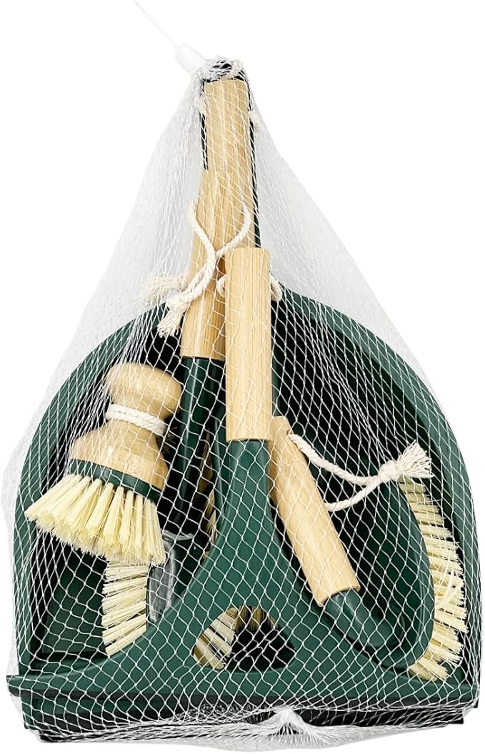 Pine-Sol Scrub Brush Cleaning Tool Set - Heavy Duty Brushes with Bamboo Handles, Dustpan, Shower Squeegee - Dishwashing, Kitchen, and Bathroom Cleaning Supplies, 6 Pieces