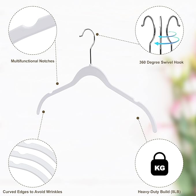 Quality Hangers Clothes Hangers 50 Pack - Non-Velvet Plastic Hangers for Clothes -Heavy Duty Coat Hanger Set -Space-Saving Closet Hangers with Chrome Swivel Hook, Non-Flocked Hangers (50, White)