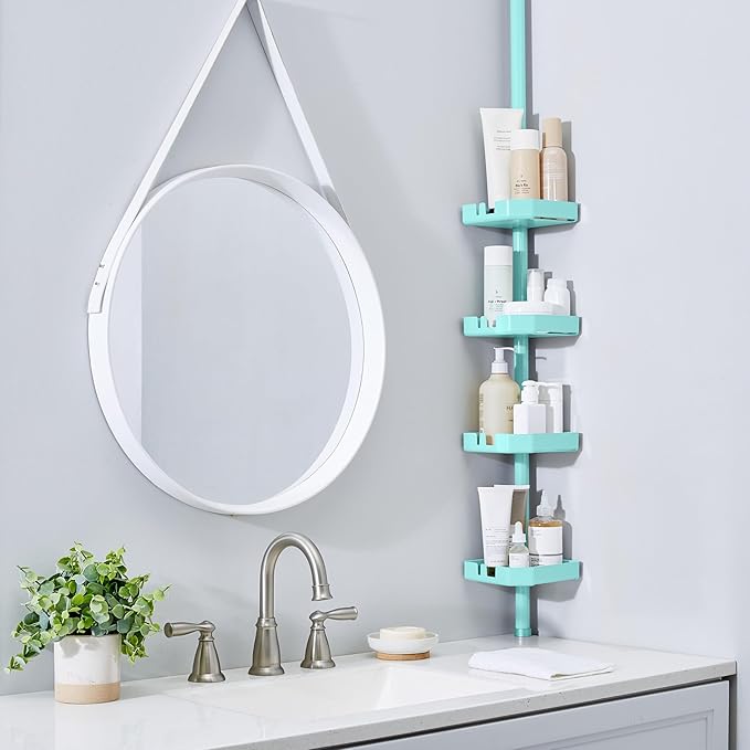 Bath Bliss 4 Tier Tensions Corner Shower Caddy | Shelves | Adjustable 48“-101” | Bathroom Organizer | Bathtub and Shower Stall | Holds Large Bottles | Soap | Shampoo | Washcloths | Seaglass