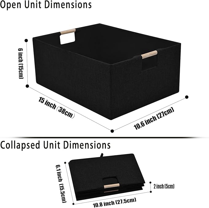 Fabric Storage Basket for Shelves, Collapsible Storage Bins with wood Handles, Rectangle Closet Baskets, Wardrobe Organiser, for Sorting Clothes, Family Items (Black) (1)